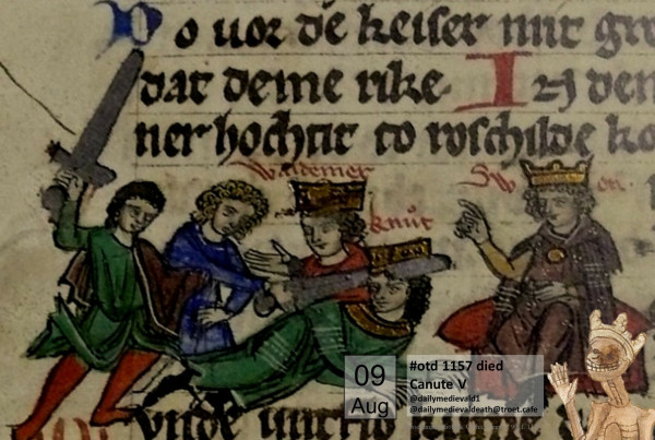The image shows a crowned figure being slain with a sword in the presence of two other crowned figures