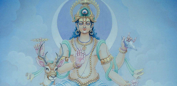 Painting of the Hindu moon god Soma with a crescent moon behind him and adorned with a golden crown and pearl necklaces. A deer stands to his left.
