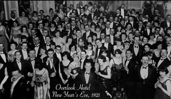 Photograph featured in The Shining with Jack standing amongst the dozens of denizens of The Overlook all dressed in party clothes, celebrating 