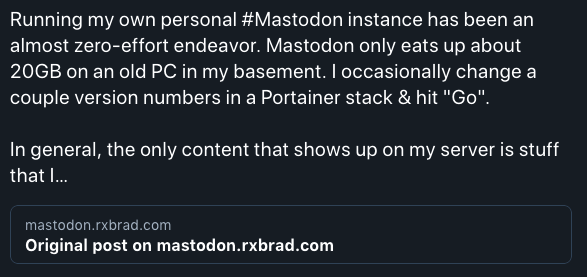 Screenshot of a post on BlueSky, which is actually a post from mastodon that's been bridged across to BlueSky.

The content doesn't matter.  What matters is that the text ends abruptly with an ellipsis and is followed by a link to the original post on Mastodon
