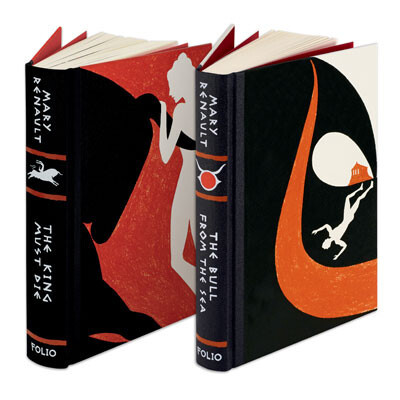 Two hardcover books set on end, with stylized cover designs in red, white, black, and orange