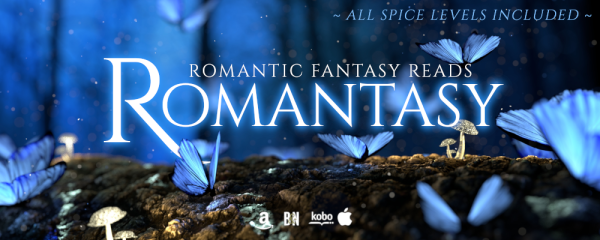Ground and mushrooms with glowing blue butterflies around the words Romantic Fantasy Reads: Romantasy
All Spice levels included