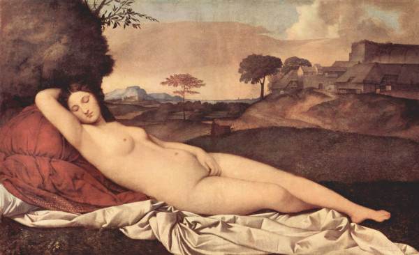 Oil painting of a nude woman whose profile seems to echo the rolling contours of the hills in the background. It is the first known reclining nude in Western painting and the first of the "erotic mythological pastoral" genre. Erotic implications are made by Venus's raised arm and the placement of her left hand on her groin.