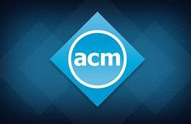 Different shades of blue in background and white circle with white lettering in middle "acm" the Association for Computing Machinery logo
