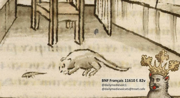 Picture from a medieval manuscript: A cat hunting a mouse in a bedroom.