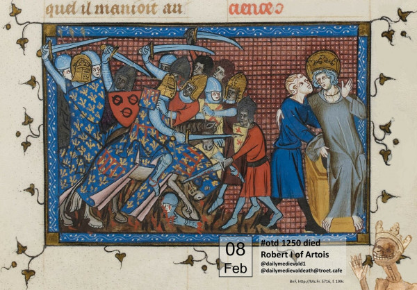 The picture shows a battle scene. To the right is a crowned figure with a halo, talking with another figure.