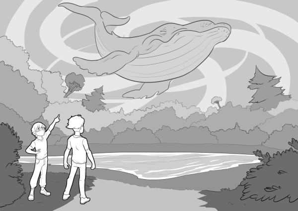 Two kids pointing at a flying whale in the middle of a strange forest.