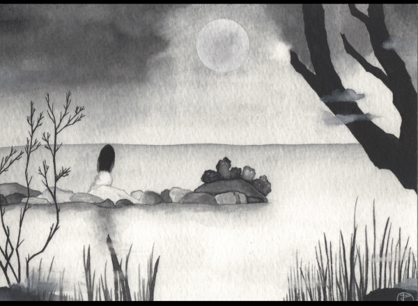 A girl sits in the water on a row of rocks with her back to the viewer while at the edge of a pile of rocks, her monster friends sit huddled together to keep her company. A full moon hangs in the sky and the scene is framed with a tree and some wild grass.