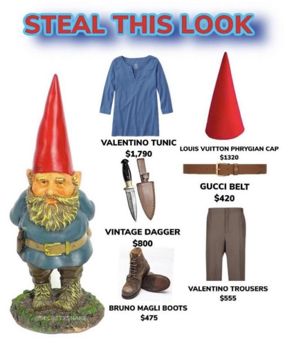 A picture   of a garden gnome with each piece of clothing provided by luxury brands and their prices. 