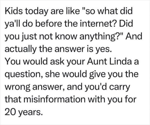Kids today are like "so what did ya'll do before the internet? Did you just not know anything?" And actually the answer is yes.

You would ask your Aunt Linda a question, she would give you the wrong answer, and you'd carry that misinformation with you for 20 years. 