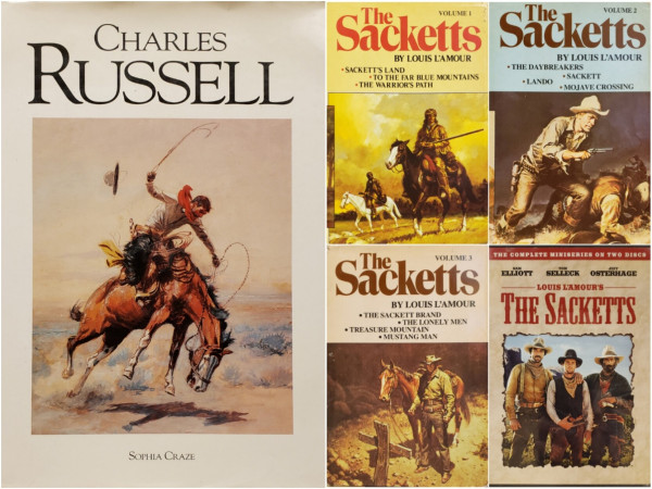 A composite image comprised of photos of 4 book covers and one DVD. 

The left half of the image is a large format coffee-table book of paintings by Charles Russell, compiled by Sophia Craze. Russell is known for his American Western Frontier art. The cover illustration depicts a cowboy trying to tame a wild horse.

The right half of the image includes a 3-volume hardcover set of "The Sacketts" by Louis L'Amour & a 2-disc DVD mini-series based on the stories. The TV version stars Sam Elliot, Tom Selleck, & Jeff Osterhage. The books include the following stories: 
Vol. I: Sackett's Land; To the Far Blue Mountains; The Warrior's Path. 
Vol. II: The Daybreakers; Sackett; Lando; Mojave Crossing.
Vol III: The Sackett Brand; The Lonely Men; Treasure Mountain; Mustang Man.