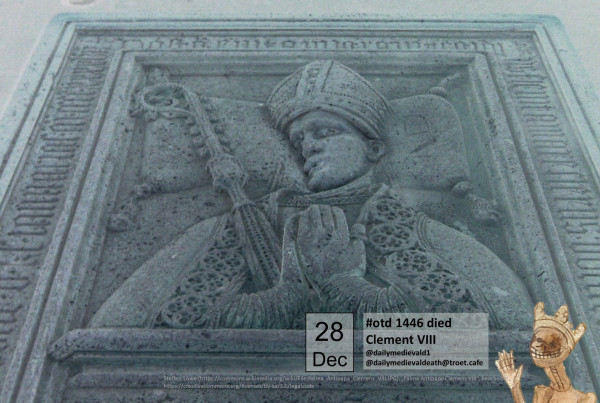 The picture shows the upper part of the tomb slab. In half relief the deceased is depicted, in papal regalia with tiara and staff. The hands are folded in prayer.
