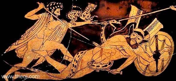 Red-figure vase painting of Dionysos with a tiny panther crouching on his arm as he drives a spear or thyrsos into the breast of the fallen gigante Eurytos.