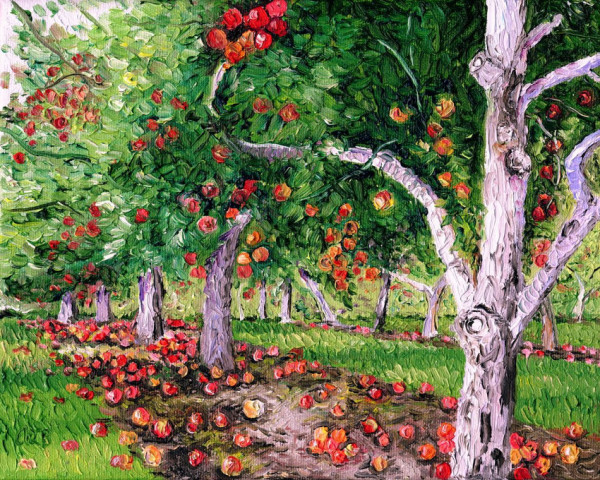 Oil painting of a very green orchard of apple trees, there are ripe apples on the trees and under them on the green grass. The view is fairly close up.