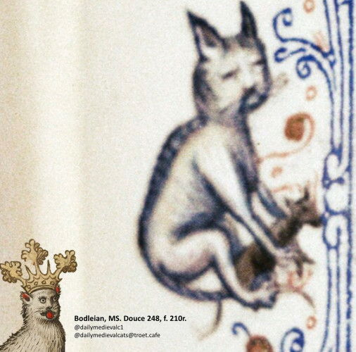 Picture from a medieval manuscript: White cat with a mouse