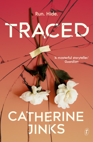 Image of the book cover for Traced by Catherine Jinks - with the subtitle "Run. Hide." at the top of the book and a quote from the Guardian "A masterful storyteller."

The cover is pinkish read with two white roses laid down from the top, a piece of masking tape holding the stems into place over a series of cracks running out around the book cover, like a mirror or heavy glass cracks. The tracks run across both the title of the book - at the top, and the author's name at the bottom. The flowers are wide open, with their petals starting to droop slightly.