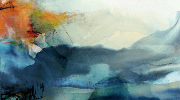 An abstract painting done primarily in blues and greys with a bright orange part in the upper left hand corner. The layers of colors look transparent when looked at closely as though they were silky scrims.