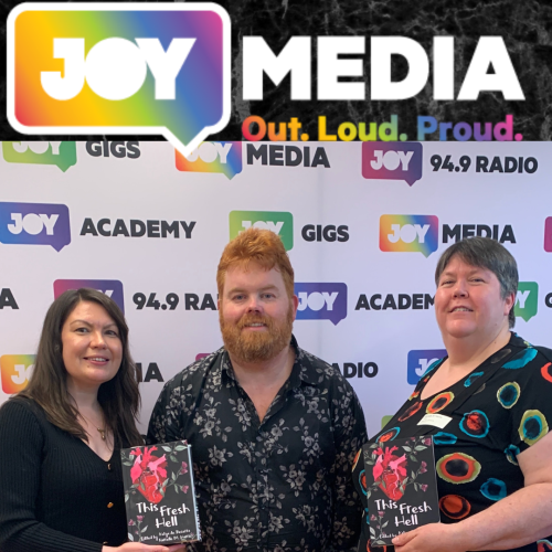 Katya, James and Narrelle in the Joy FM studio, with the Joy logo. Narrelle and Katya are holding copies of This Fresh Hell.