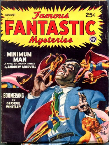 A man in a powder blue suit and a green tie hunches in agony as tiny men and women in blue swimsuits and pink capes fly around him and attack him with knives.