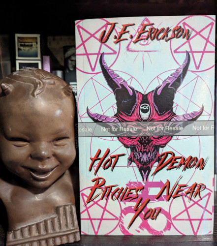 The paperback for HOT DEMON BITCHES NEAR YOU by J.E. Erickson. The cover has a pink demon face grinning, with the title written in red, and upside pentagrams and a satanic symbol in pink