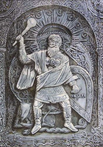 An illustration of a bearded male god, in black and white. In his right hand, he is holding a hammer or a staff. In his left one, he holds a shield.

Wikimedia Commons: https://commons.wikimedia.org/wiki/File:%D0%9F%D0%B5%D1%80%D1%83%D0%BD.1998%D0%B3.%D1%81%D0%BC%D0%B5%D1%88.,%D1%82%D0%B5%D1%85.,%D0%B1%D1%83%D0%BC.40,5%D1%8527,5.jpg