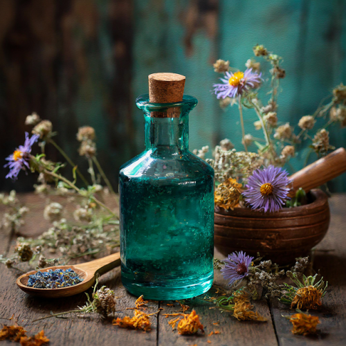 Photo of a green glass bottle on a wooden table surrounded by flowers, a wooden spoon with dried petals, and a mortar and pestle with flowers in it.