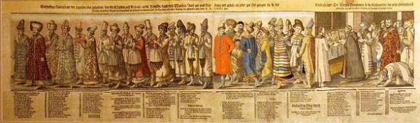 Picture of an engraving (colour) showing the Russian embassy at the Diet in Regensburg in 1576 dressed in foreign clothes. 