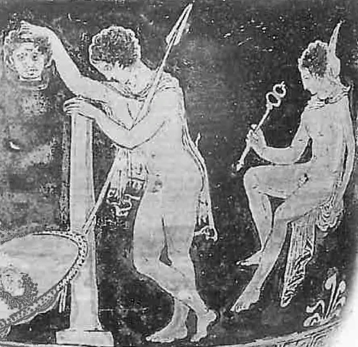 Black-and-white photograph of a red-figure vase painting depicting Perseus dressed in nothing but a short cloak as he delivers the head of Medusa to Athena. Hermes is sitting behind him, holding his kerykeion staff and looking at Perseus' bum.