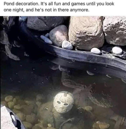 Text says "Pool decoration. It's all fun and games until you look one night, and he's not in there anymore."
With a picture of a facsimile of Jason in a Hockey mask at the bottom of a pool