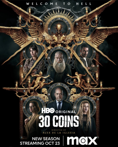 Poster art for season 2 of 30 Coins which shows the entire cast in front of some crazy bones and winged scupture 