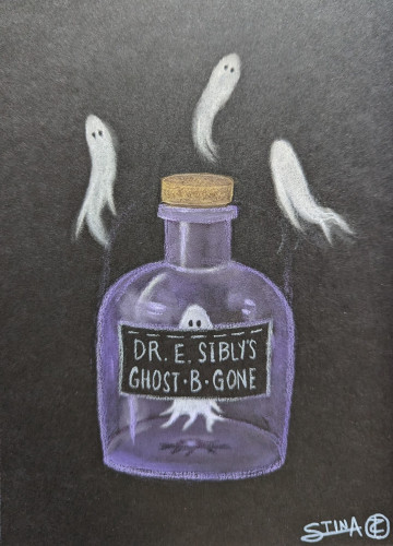A purple bottle marked "Dr. E. Sibly's Ghost B Gone" holds a ghost inside it, while other ghosts mill about around it