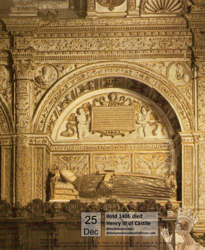 The picture shows a richly decorated tomb in a niche in the wall. A crowned reclining figure, the head on a pillow, the right hand in front of the belly, the left holding a stick.