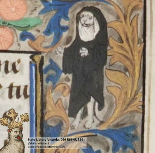 Picture from a medieval manuscript: A cat dressed up as a nun
