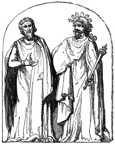 Two Druids, 19th-century engraving based on a 1719 illustration by Bernard de Montfaucon, who said that he was reproducing a bas-relief found at Autun, Burgundy