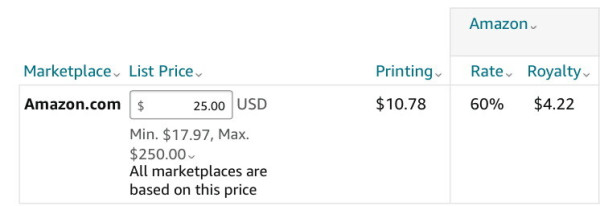 Amazon KDP: printing cost $10.78; list price: $25.00; 60% royalty: $4.22