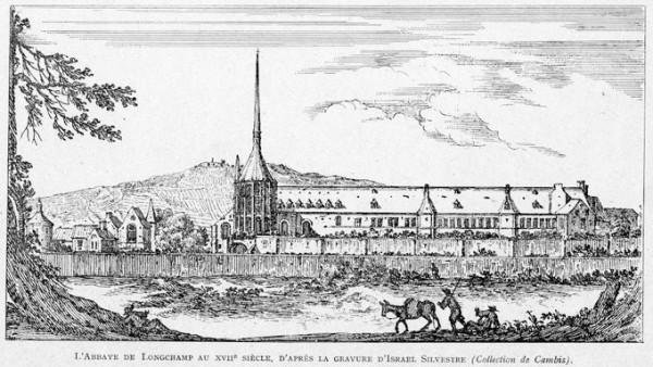 Black & white engraving. Inside a walled compound, with other fine buildings, the Abbey has a very long nave, and a round tower with tall spire. It is captioned: 'L'Abbaye de Longchamp au XVIIᵉ siècle, d’après la gravure d’Israel Silvestre’.