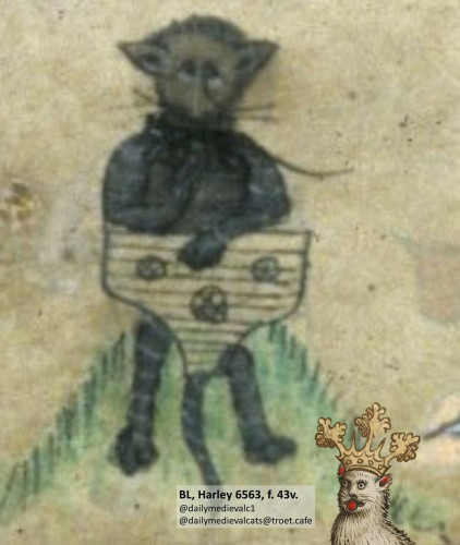 Picture from a medieval manuscript: A cat plays an instrument