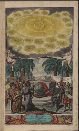 Frontispiece from Atlas Novus Coelestis (1742 Nuremberg), hand-coloured. Source: https://ad.e-pics.ethz.ch/catalog/ETHBIB.AD-v1.0/r/44/viewmode=infoview 