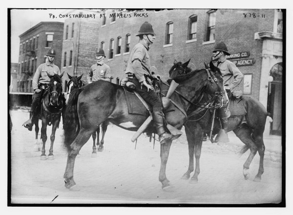 Mounted members of the Pennsylvania constabulary were deployed during the McKees Rocks strike. These officers were called "Cossacks" by the strikers. By Bain News Service, publisher - This image is available from the United States Library of Congress&#039;s Prints and Photographs divisionunder the digital ID ggbain.04219.This tag does not indicate the copyright status of the attached work. A normal copyright tag is still required. See Commons:Licensing., Public Domain, https://commons.wikimedia.org/w/index.php?curid=18458360
