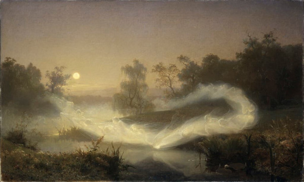 "Dancing Fairies" by August Malmström, 1866 - Wikimedia Commons - https://commons.wikimedia.org/wiki/File:Dancing_Fairies_(August_Malmstr%C3%B6m)_-_Nationalmuseum_-_18226.tif

The moon illuminates a still landscape through which a river flows sedately. Trees appear as dark silhouettes against the sky. Hand-in-hand, the elves sweep like a wispy mist through the landscape, their movements like a ring dance. One elf kisses the surface of the water or is reflected in it. Like the others, she has long flowing hair and is wearing a garland.

As a contemporary critic pointed out, you can either see the morning mist over the landscape as dancing elves, or you can see the dancing elves as a morning mist. If you choose to focus in on the morning mist, the elves can be explained as the movement of the mist. The painting can then be described as a romantic landscape, where nature is imbued with a spirit of its own. If instead, you see the dancing elves as the key motif, the painting can be described as a depiction of the fairytale world. According to Swedish folk lore, elves live in nature and are often seen dancing around hills, burial mounds, mountains and forests. People were warned to watch out for elves, as they made people ill.
August Malmström’s Älvalek became a widely recognised image through versions and reproductions in magazines and illustrations.