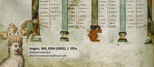 Picture from a medieval manuscript: Two men and a cat support one column each