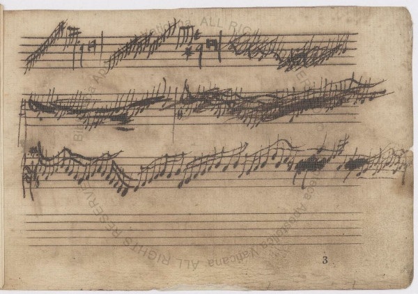 A landscape page with three lines of complex 17th c musical notation on 5-bar staff from Chig.Q.IV.21, f.3r