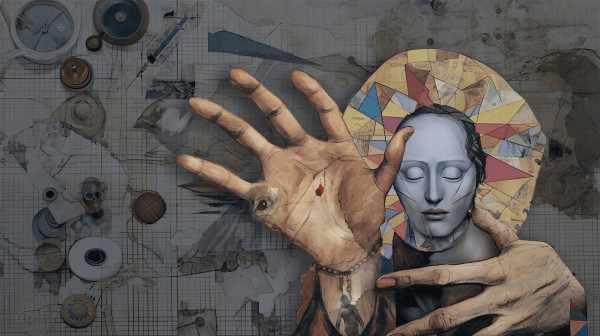 "If You Meet a Saint along the Road," original digital image by the Johnny Profane Knapp. In a surreal cubist collage, a female saint holds up her hand as another hand reaches around her throat. In the background crows, gas masks, syringe, pills, school bell, objects of control. Digital tools include AI.