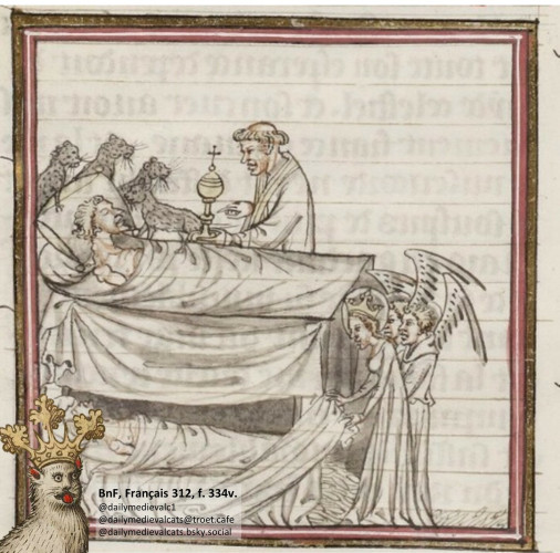 Picture from a medieval manuscript: A man on his deathbed, surrounded by cats, with a healthy man. Below you can see the corpse and three angels