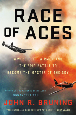 A multi-colored cover of the book Race of Aces. There is a picture of an American and Japanese World War 2 fighter plane on it along with smoke and flames.