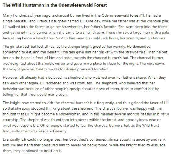 Part 1 of German folk tale "The Wild Huntsman in the Odenwieserwald Forest". Drop me a line if you want a machine-readable transcript!