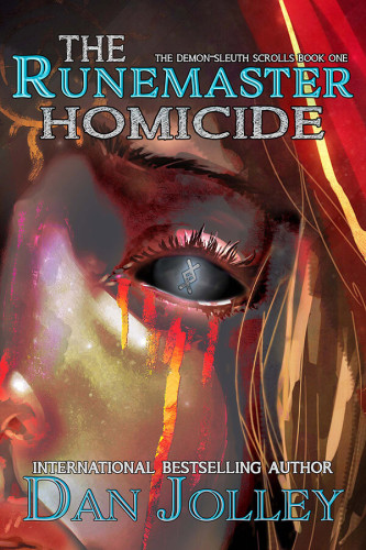 The Runemaster Homicide (The Demon-Sleuth Scrolls Book 1) by Dan Jolley - International Bestselling Author. A close-up of a feminine face with metallic-bronze skin, solid black eye, with a Nordic rune replacing her iris/pupil. Something like red hair can be seen, as well as tears which appear like molten lava streaking down her cheek.