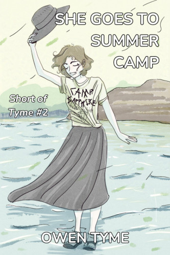 Cover art for She Goes to Summer Camp, as illustrated by Ryan Johnson.

The cover is drawn in an anime-like style, with muted color.

The cover shows Little Miss Secret standing ankle-deep in a remote lake, with trees and a large rock behind her, while bits of greenery blow on the wind.

She holds her black hat in one hand, above her head, with her eyes closed in concentration.  She wears a 'Camp Sapphire Friendship' camp T-shirt, a black skirt and black sandals.