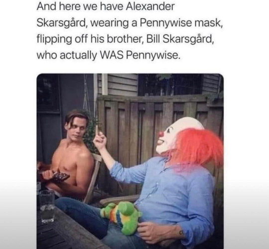 Text:
"And here we have Alexander Skarsgård, wearing a Pennywise mask, flipping off his brother, Bill Skarsgård, who actually WAS Pennywise."
Picture showing exactly that.