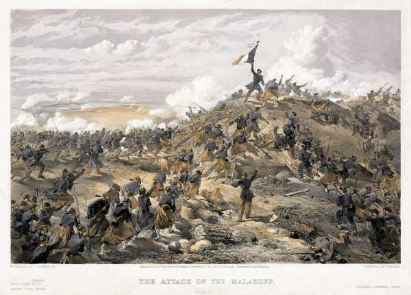 The Attack on the Malakoff by w:William Simpson. Print shows the French assault on the Malakoff, the main Russian fortification before Sevastopolʹ, on 7 September 1855. French soldiers advance from the left, Zouaves from the left foreground, crossing the ditch and engaging Russian soldiers in hand-to-hand combat on the right. This was published on 22 October 1855, less than two months after the battle, which is about as contemporary to the event as mass-reproduced colour images got at the time. By William Simpson, artist (1823-1899)E[dmond]. Morin, lithographer (1824 - 1882), working for &quot;Day &amp; Son, lithrs. to the Queen&quot;Published by:Paul &amp; Dominic Colnaghi &amp; Co., 13 &amp; 14 Pall Mall East, publishers to Her MajestyParis : Goupil &amp; Cie.Leipzig: Otto Weigel - This image is available from the United States Library of Congress&#039;s Prints and Photographs divisionunder the digital ID pga.03644.This tag does not indicate the copyright status of the attached work. A normal copyright tag is still required. See Commons:Licensing for more information., Public Domain, https://commons.wikimedia.org/w/index.php?curid=11245546